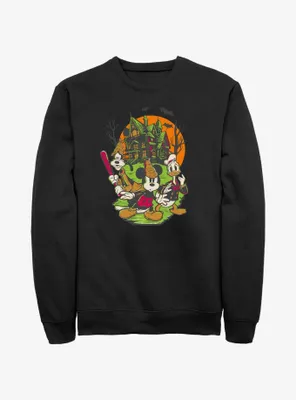 Disney100 Halloween Mickey Goofy and Donald Haunted House Sweatshirt