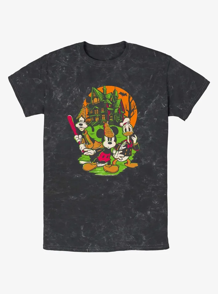 Disney100 Halloween Mickey Goofy and Donald Haunted House Mineral Wash T-Shirt