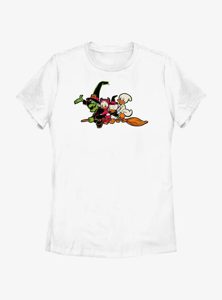 Disney100 Halloween Huey Dewey and Louie Flying Witch's Broom Women's T-Shirt