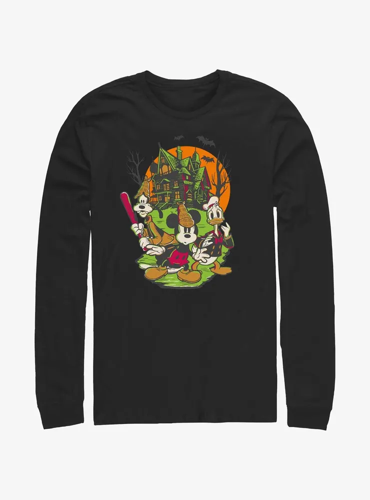 Disney100 Halloween Mickey Goofy and Donald Haunted House Long-Sleeve T-Shirt