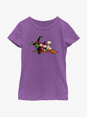 Disney100 Halloween Huey Dewey and Louie Flying Witch's Broom Youth Girl's T-Shirt