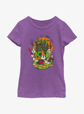 Disney100 Halloween Mickey Goofy and Donald Haunted House Youth Girl's T-Shirt