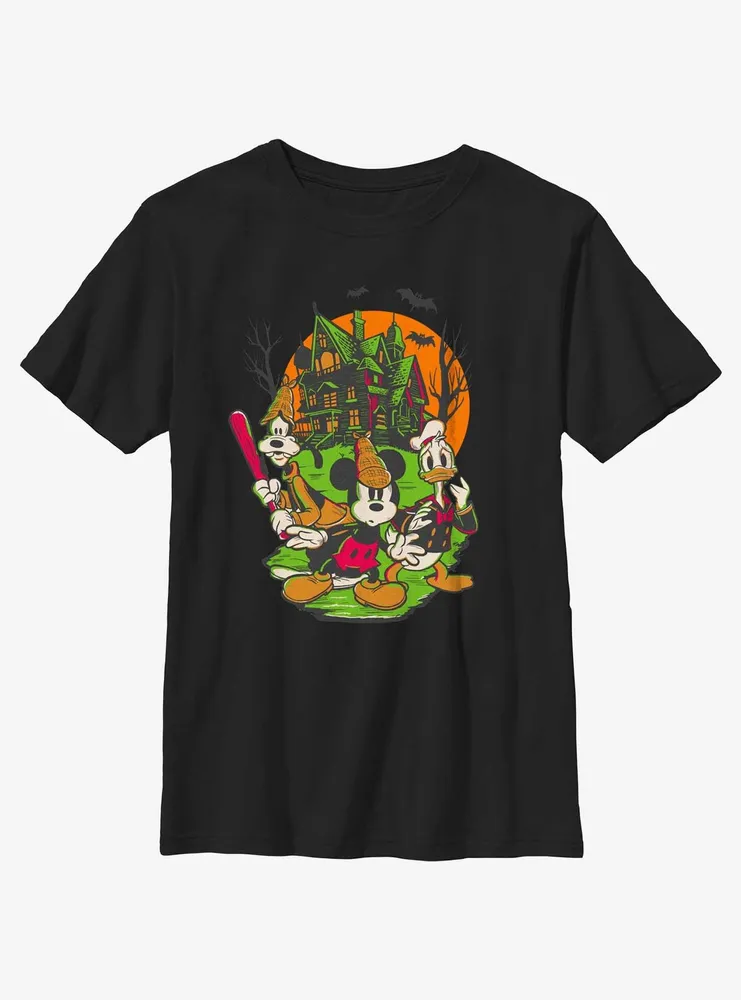 Disney100 Halloween Mickey Goofy and Donald Haunted House Youth T-Shirt