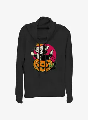 Disney100 Halloween Figaro Inside A Pumpkin Women's Cowl Neck Long-Sleeve Top