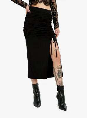 Cosmic Aura Black Ruched Midi Skirt