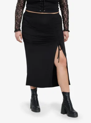 Cosmic Aura Black Ruched Midi Skirt Plus
