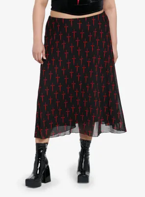 Social Collision Black & Red Dagger Mesh Midi Skirt Plus