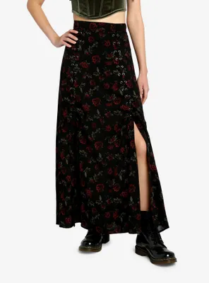 Thorn & Fable Dark Red Rose Lace-Up Maxi Skirt