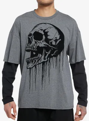 Social Collision® Dripping Skull Flocked Twofer Long-Sleeve T-Shirt