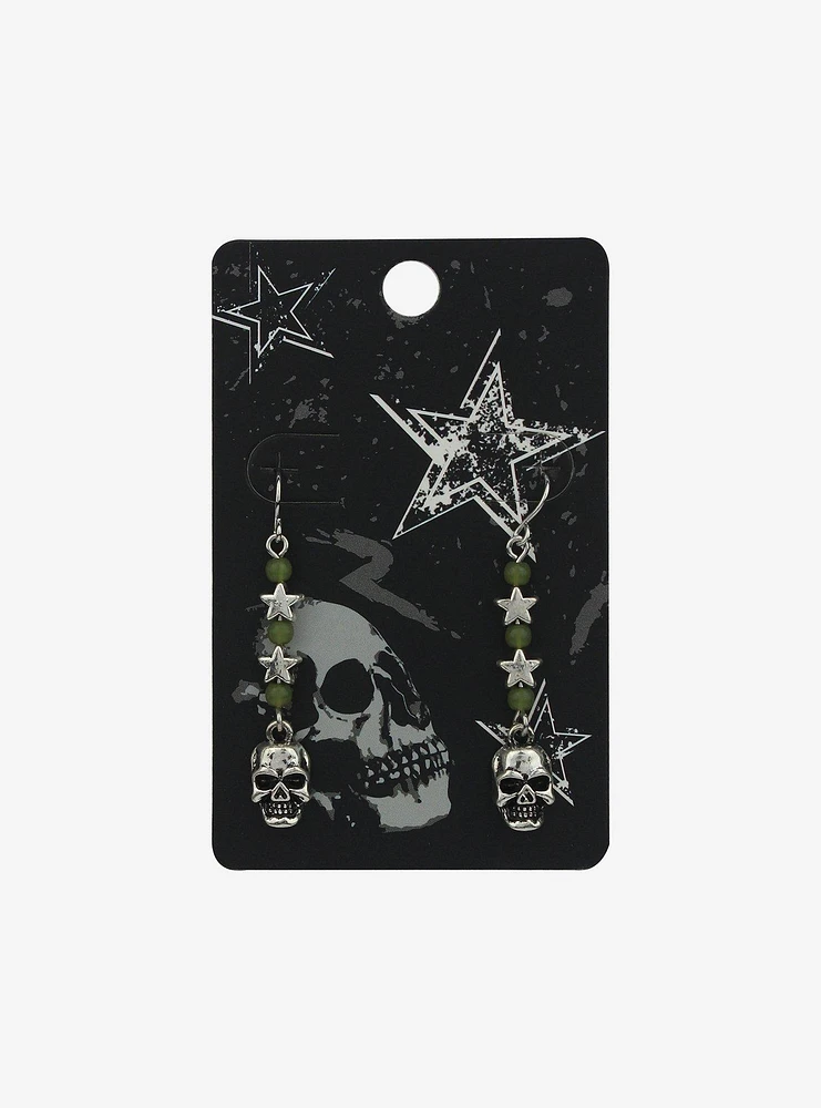 Green Bead Skull Drop Earrings