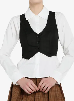 Social Collision Black Vest Girls Woven Button-Up Twofer