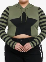 Social Collision Black & Green Stripe Star Girls Crop Hoodie Plus