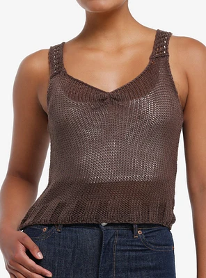 Brown Open Knit Girls Sweater Tank Top