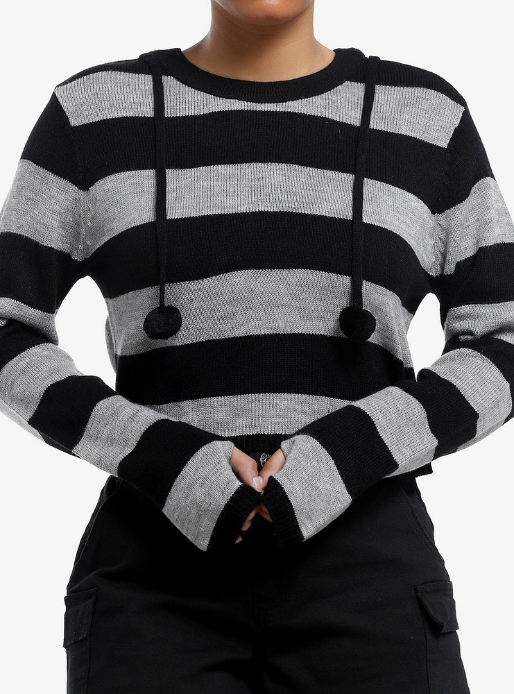 Black & Grey Stripe Girls Crop Hoodie