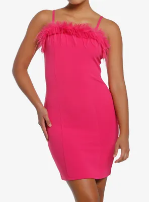 Pink Feather Trim Mini Dress