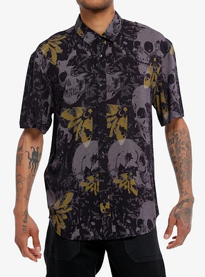 Grunge Skull Moth Woven Button-Up