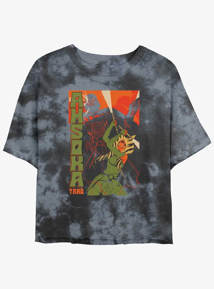 Star Wars Ahsoka Darth Vader Comic Style Battle Tie-Dye Girls Crop T-Shirt