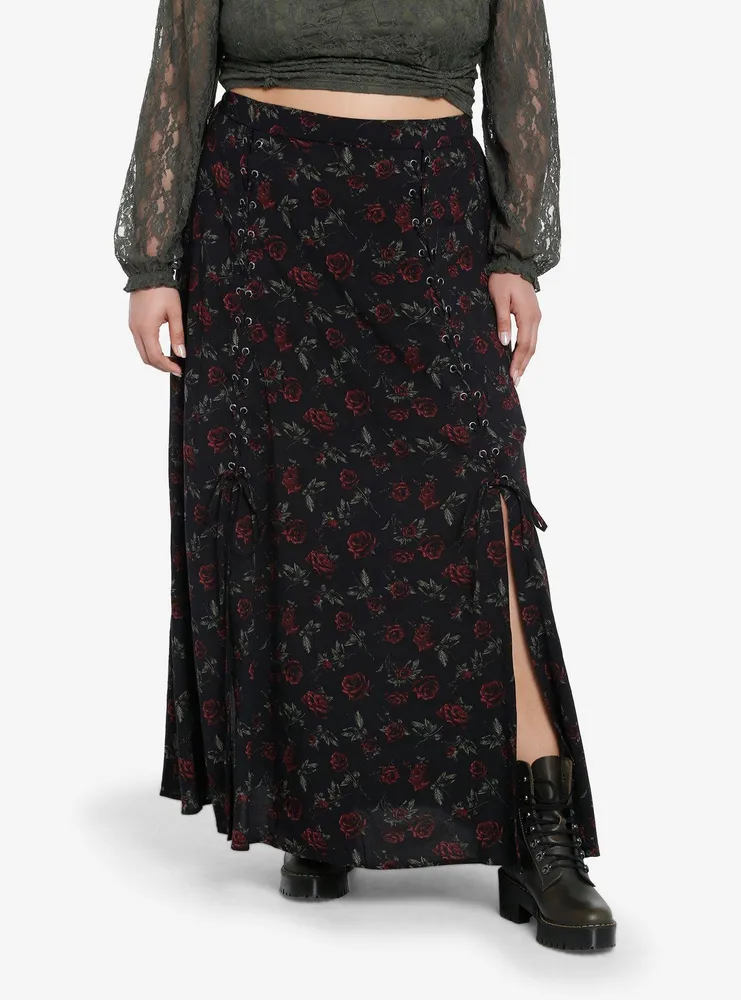 Thorn & Fable Dark Red Rose Lace-Up Maxi Skirt Plus