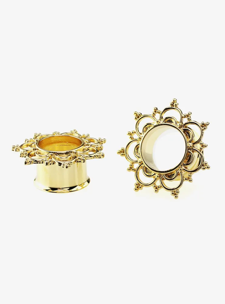 Steel Gold Ornate Filigree Tunnel Plug 2 Pack