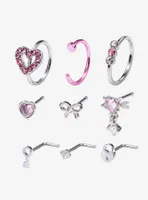 Steel Pink Heart Bow Nose Stud & Hoop 9 Pack