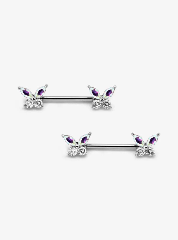 14G Steel Butterfly Gem Nipple Barbell 2 Pack