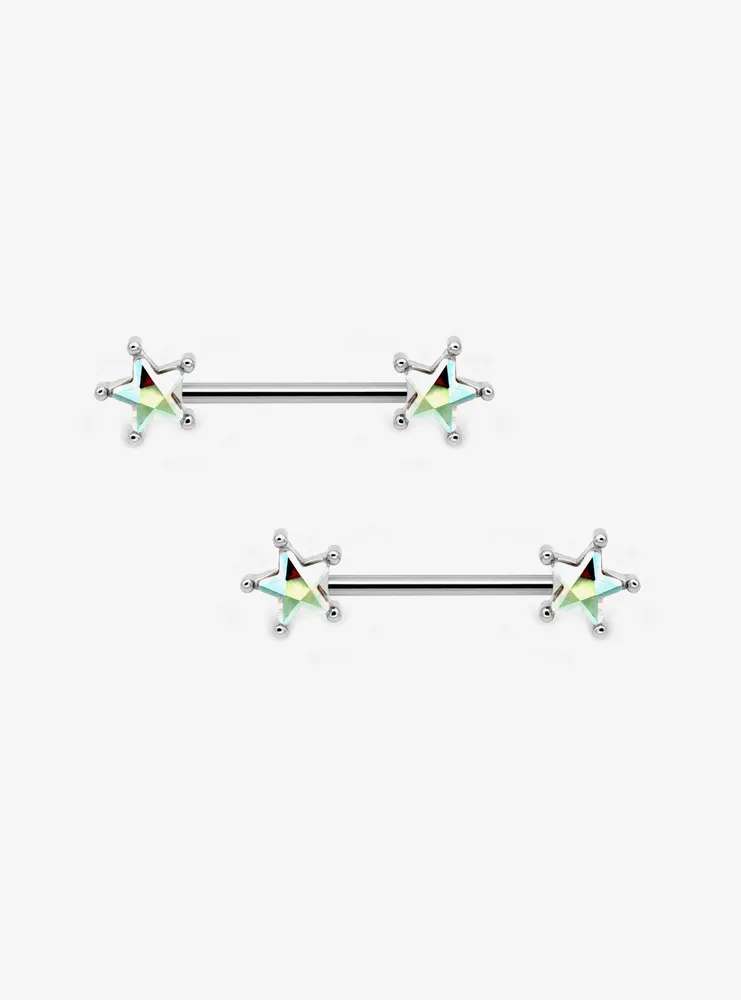 14G Steel Star Gem Nipple Barbell 2 Pack