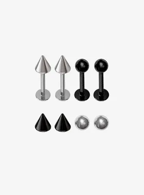 Silver & Black Steel Labret Ball & Spike Stud 4 Pack