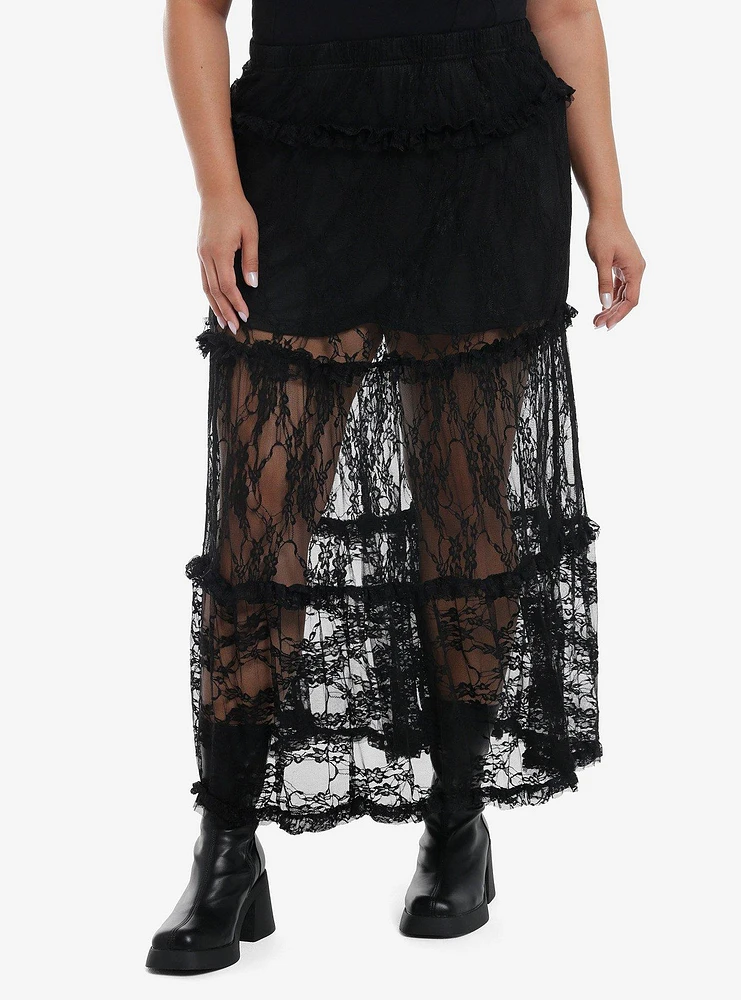 Daisy Street Black Lace Ruffle Sheer Maxi Skirt Plus