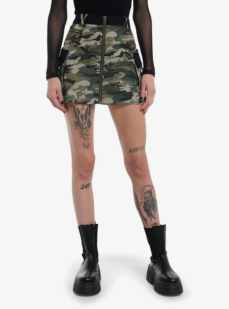 Green Camouflage Zipper Cargo Skirt