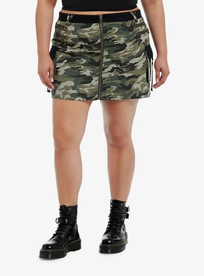 Green Camouflage Zipper Cargo Skirt Plus