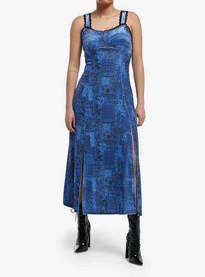 Cosmic Aura Blue Paisley Patchwork Midi Dress