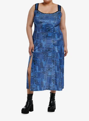 Cosmic Aura Blue Paisley Patchwork Midi Dress Plus