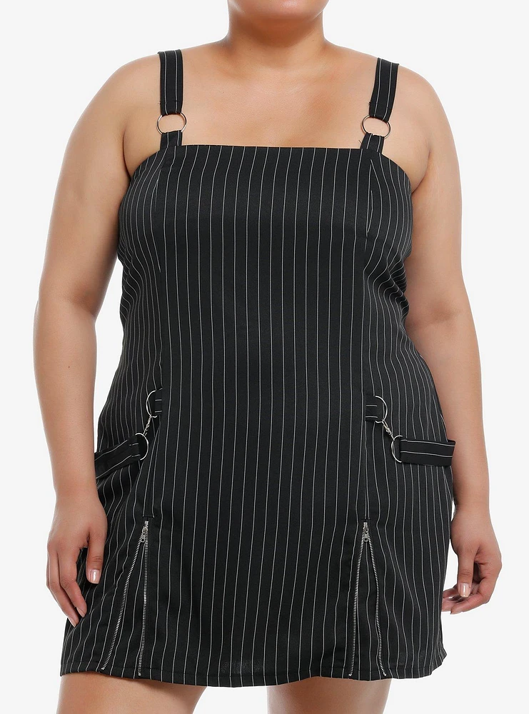 Black Pinstripe Hardware Mini Dress Plus