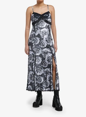 Thorn & Fable Grey Rose Lace Slit Maxi Dress