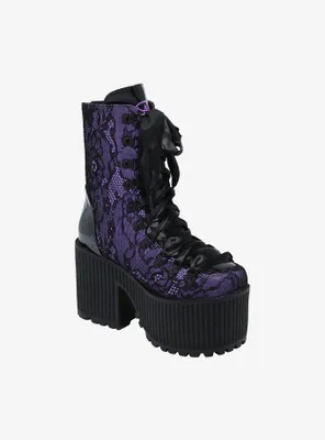 Strange Cvlt Black & Purple Lace Pandora Platform Boots