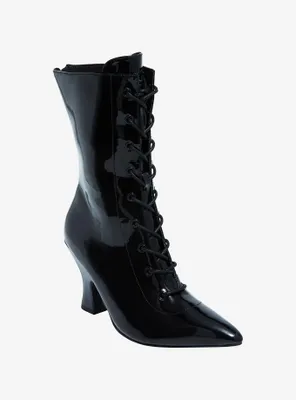 Strange Cvlt Black Faux Patent Leather Victorian Boots