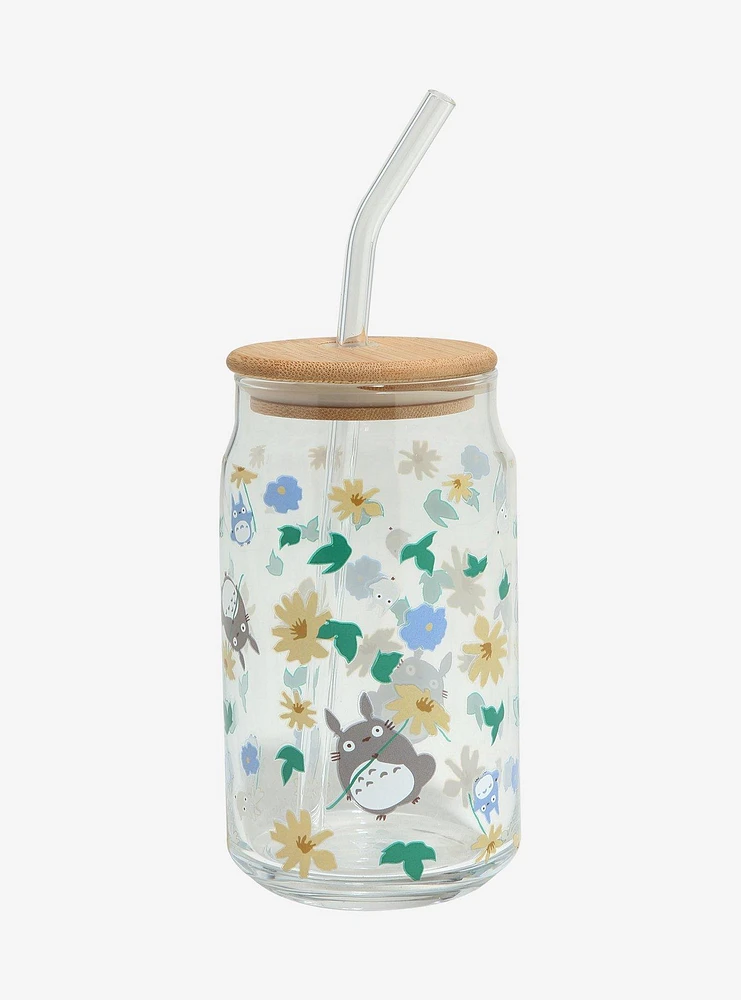 Studio Ghibli My Neighbor Totoro Floral Tototro Allover Print Glass Cup with Straw - BoxLunch Exclusive