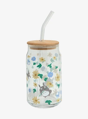 Studio Ghibli My Neighbor Totoro Floral Tototro Allover Print Glass Cup with Straw - BoxLunch Exclusive