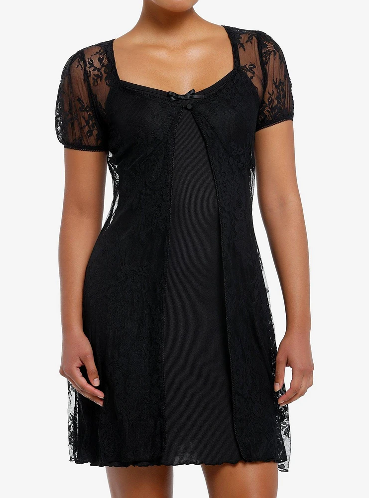 Cosmic Aura Open Front Black Lace Dress