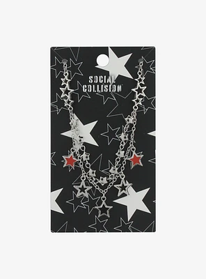 Social Collision Silver & Red Stars Chain Necklace
