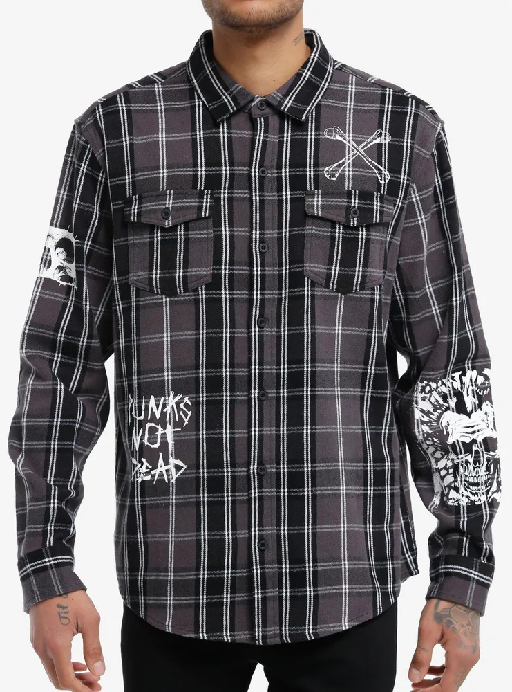 Social Collision® Black & White Plaid Punk Icons Long-Sleeve Woven Button-Up