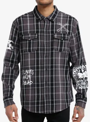 Social Collision® Black & White Plaid Punk Icons Long-Sleeve Woven Button-Up