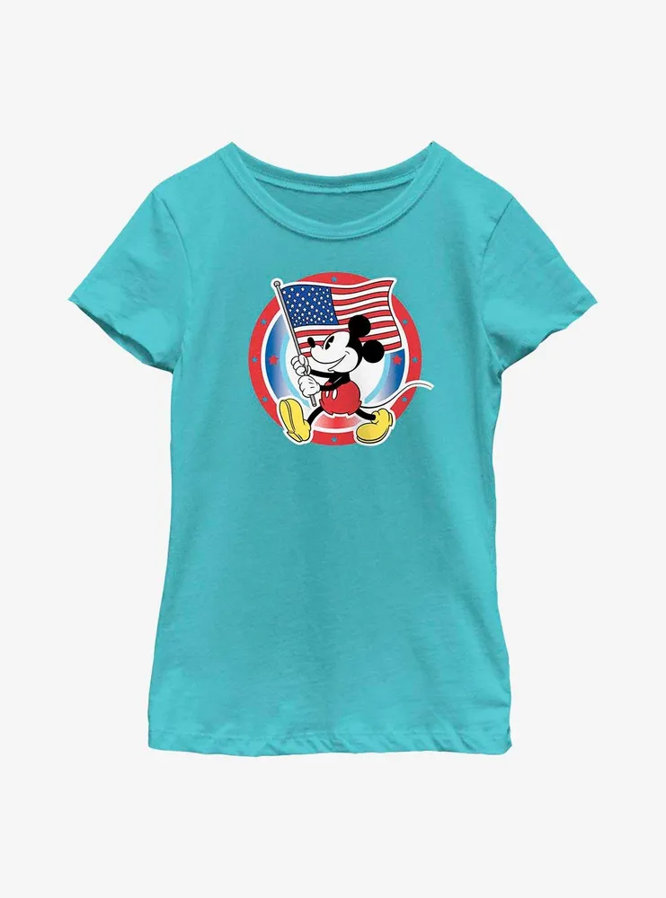 Disney Mickey Mouse American Flag Badge Youth Girls T-Shirt