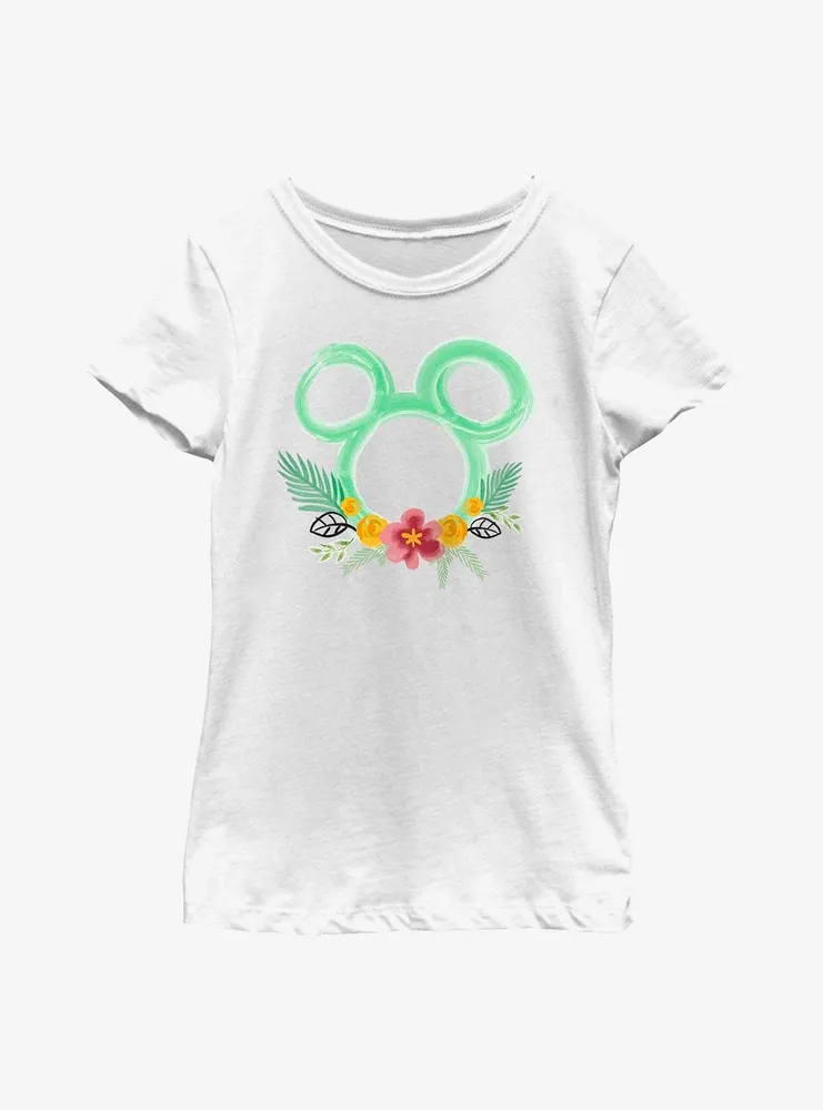 Disney Mickey Mouse Head Outline Floral Youth Girls T-Shirt