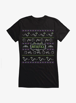 Beetlejuice Ugly Christmas Sweater Pattern Girls T-Shirt