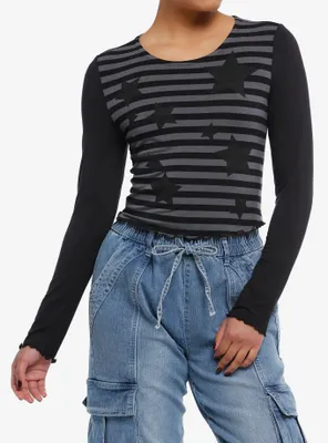 Social Collision® Black & Grey Stripe Star Girls Crop Long-Sleeve Top