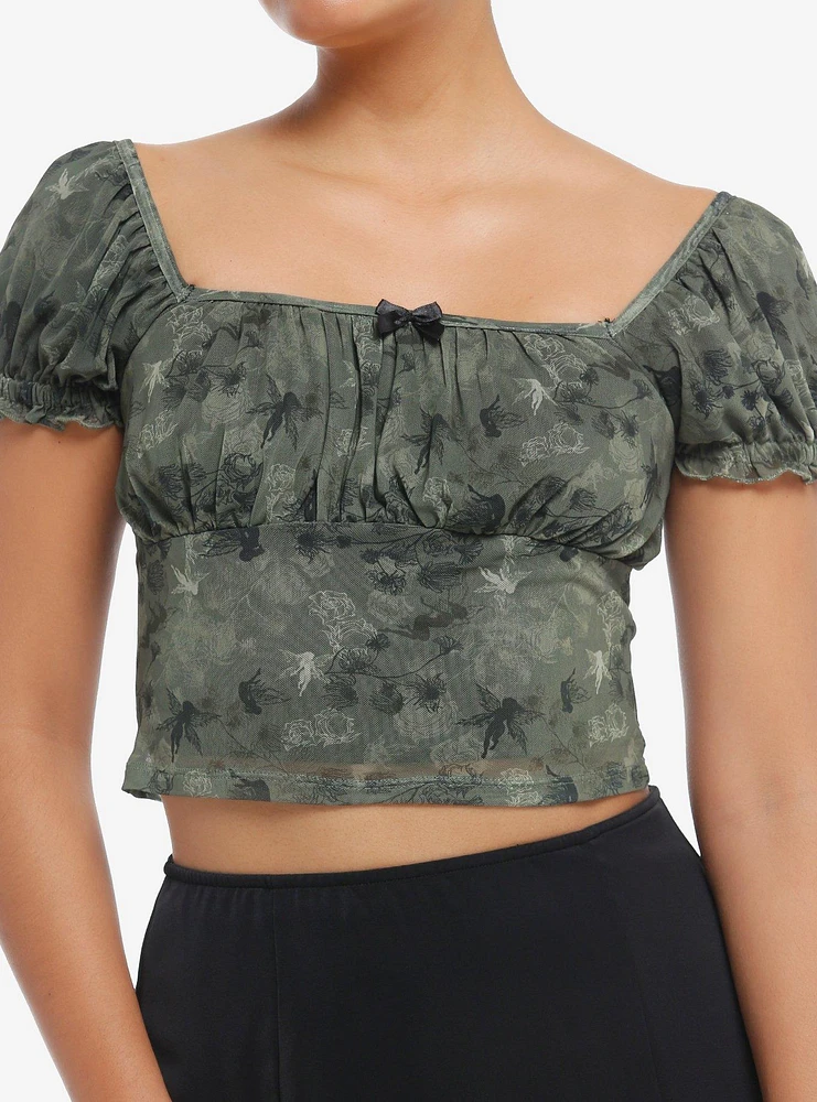 Thorn & Fable Olive Green Fairy Mesh Girls Crop Top