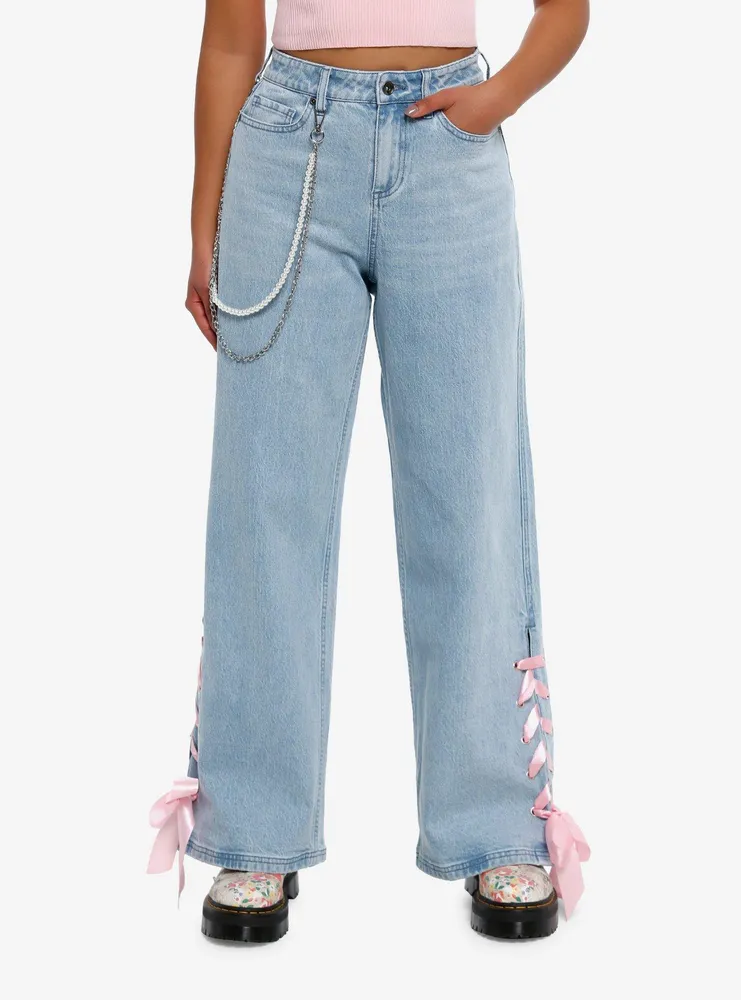 Pink Ruffle Heart Wide Leg Denim Pants Plus Size