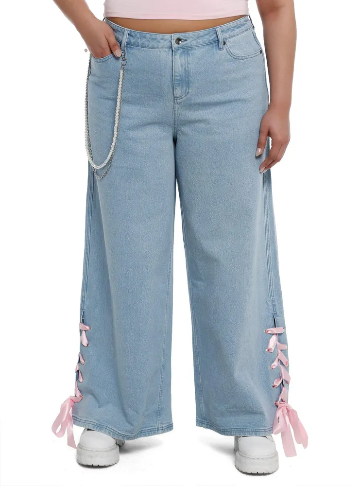 Sweet Society Pink Ribbon Heart Wide Leg Jeans Plus