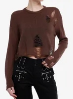 Social Collision® Brown Distressed Girls Crop Sweater